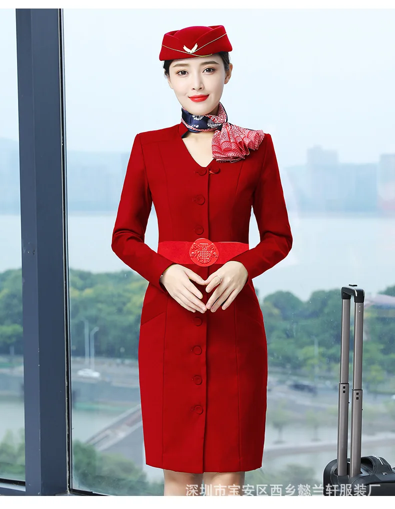 Stewardess Autumn Beautician Jewelry Store Hotel Uniform New Style Full Sleeve Single Breasted Dress with Red Belt