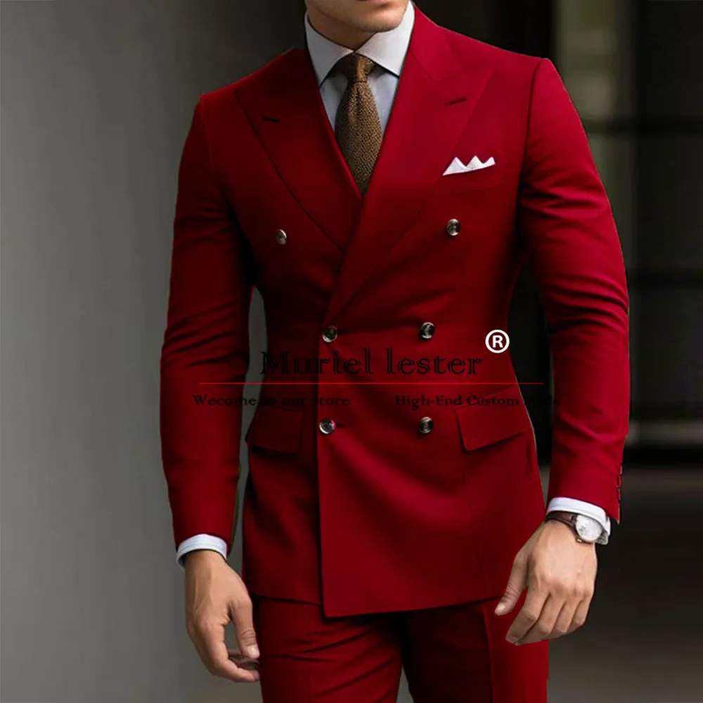 

Elegant Groom Wedding Suits Burgundy Double Breasted Blazer Trousers 2 Pieces Men's Tuxedos Man Business Evening Dress