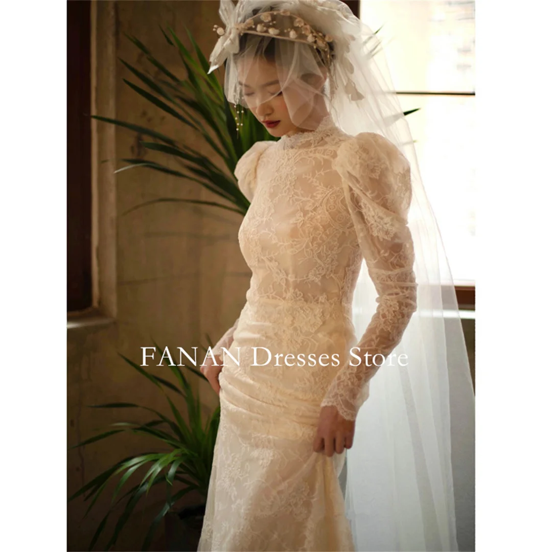 

FANAN Korea High Neck Elegant Wedding Dresses 웨딩드레스 Ivory Mermaid Vintage Long Sleeves Lace Custom Made Bride Gowns Plus Size