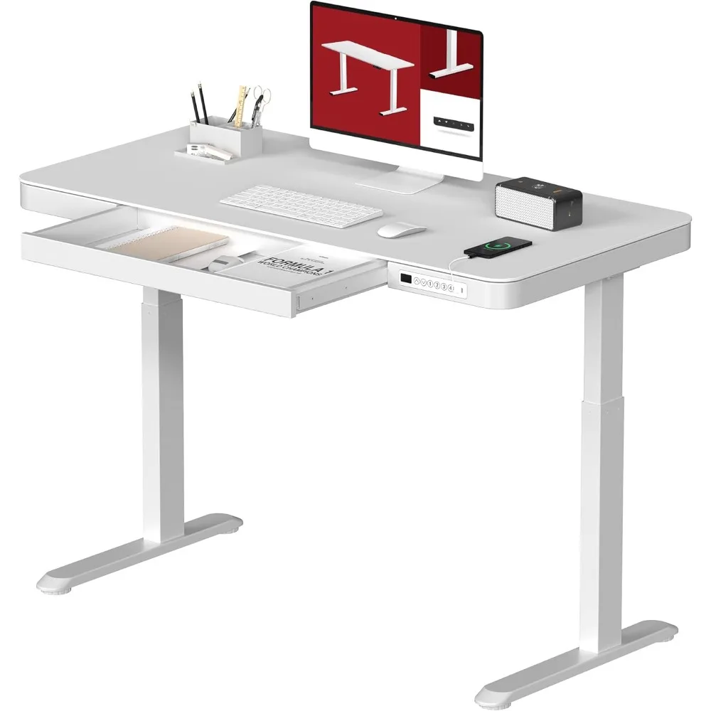 

Electric Height-Adjustable Standing Desk with Storage and USB Ports, 48-inch White Wood Top for Home Office