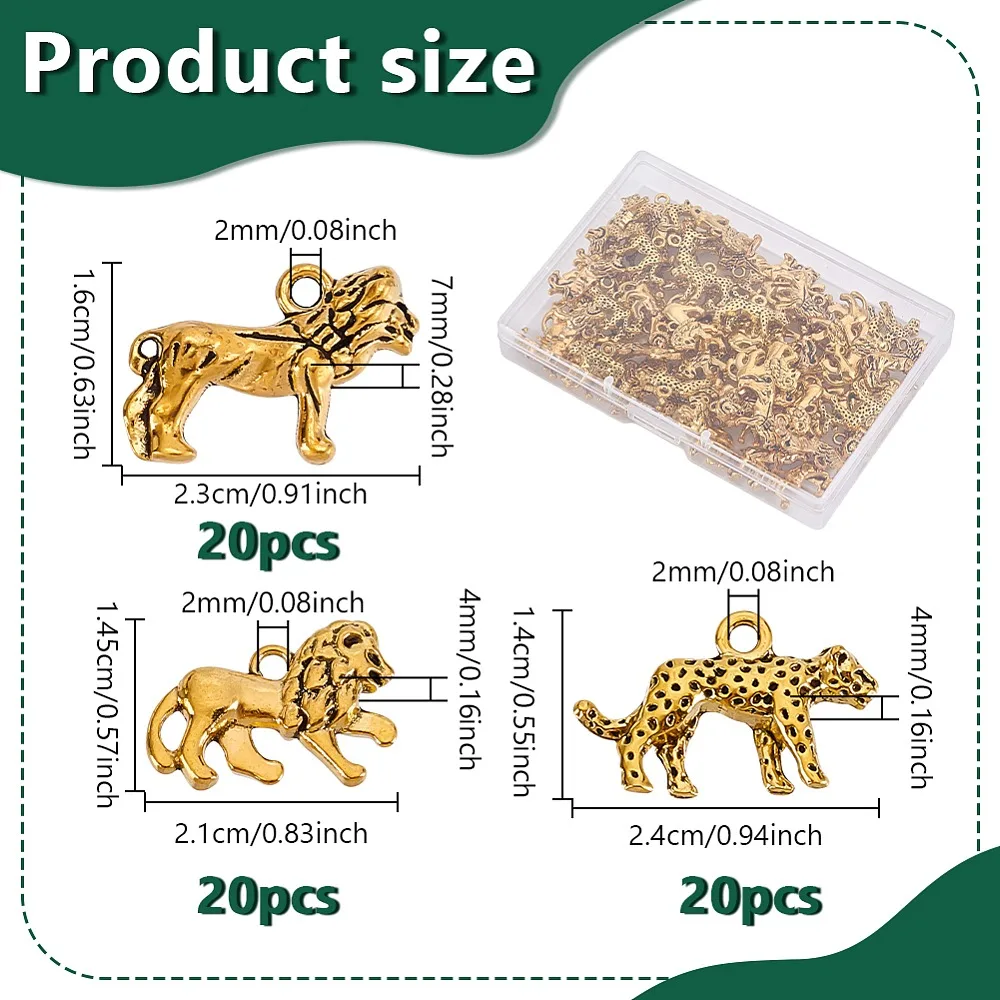 

60Pcs 3 Styles Style Alloy Pendants Leopard/Lion Charms Golden 14~23x16~24x4~7mm Hole: 2mm 20pcs/style