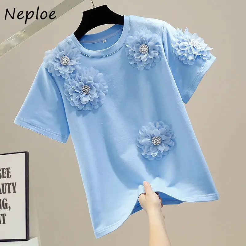 Neploe Women Loose All-match Tees Heavy Beaded Sweet Stereo Flower Decoration Tops Round Neck Pullover Short Sleeved T-shirt