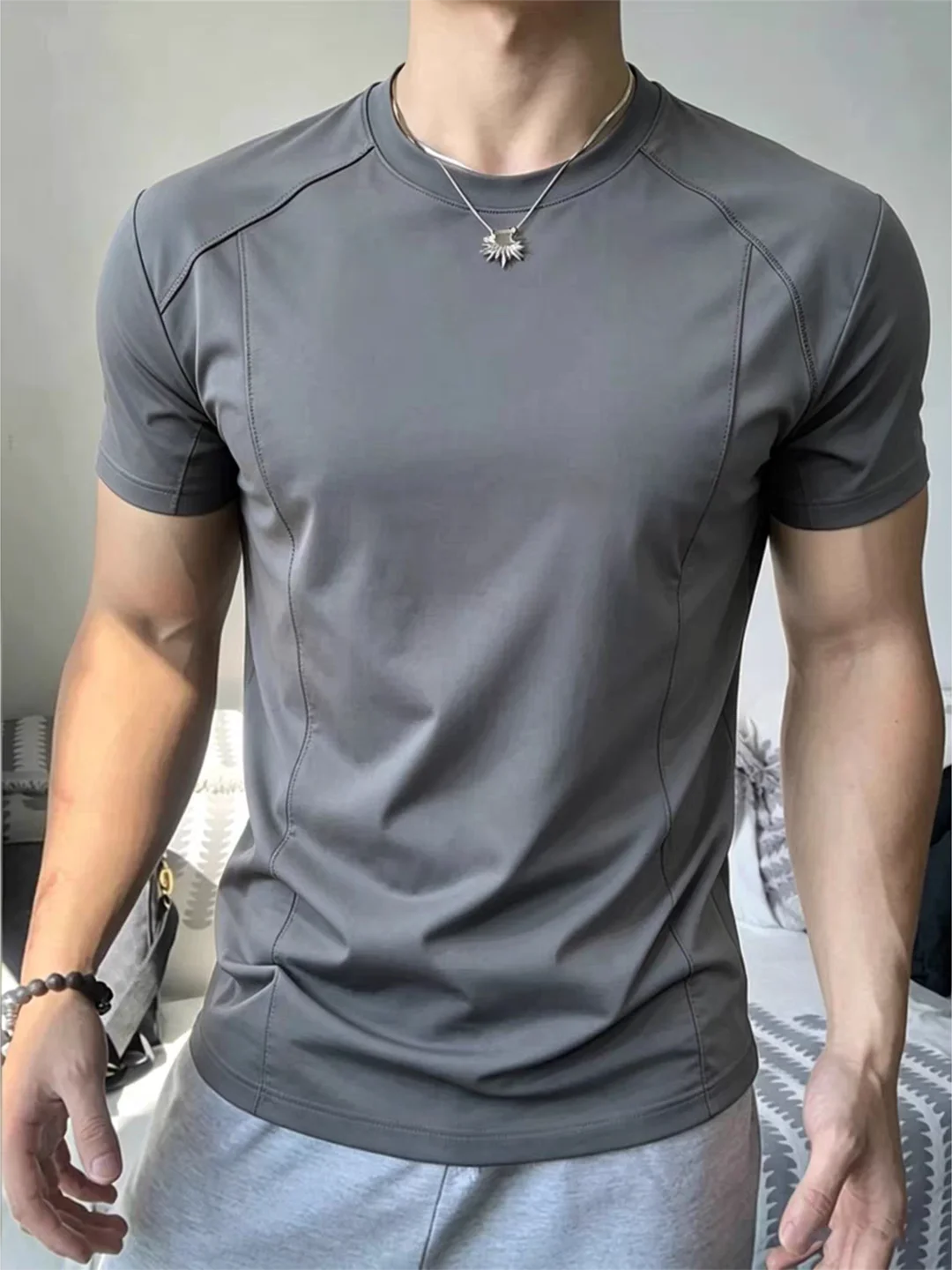 Grey Deconstructed Shoulder Short Sleeve Men's Summer Thin Fitness Sport Cool Quick Dry T-Shirt Waist Training Half Sleeve