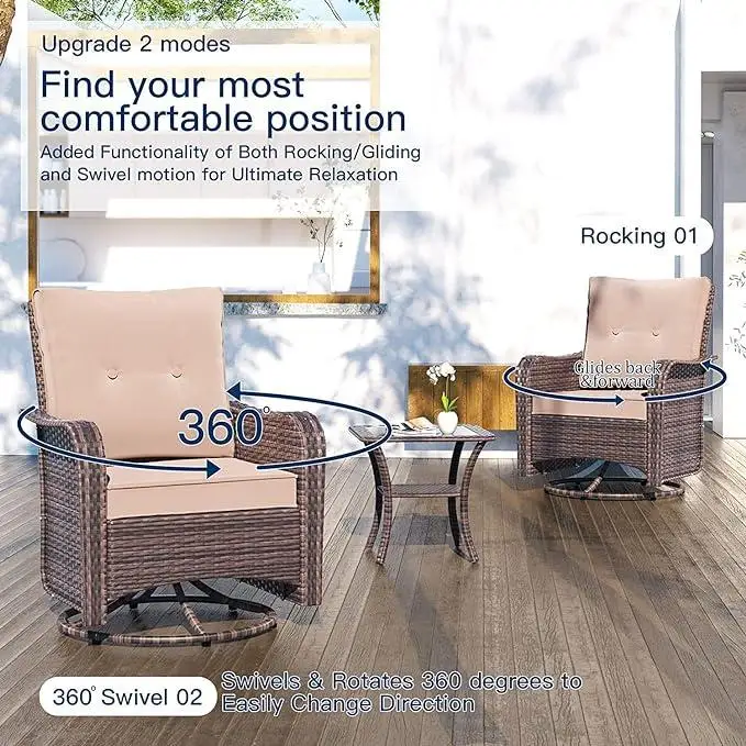 3 Pieces Patio Furniture Set,Outdoor Swivel Rocking Chairs Porch Furniture Patio Rattan Chairs with Table