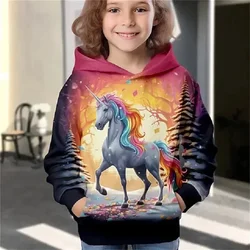 Girls 3D Unicorn Printed Hoodie Pullover Long Sleeve Spring Autumn Fashion Cute Kids Outdoor Casual Hooded Sweater