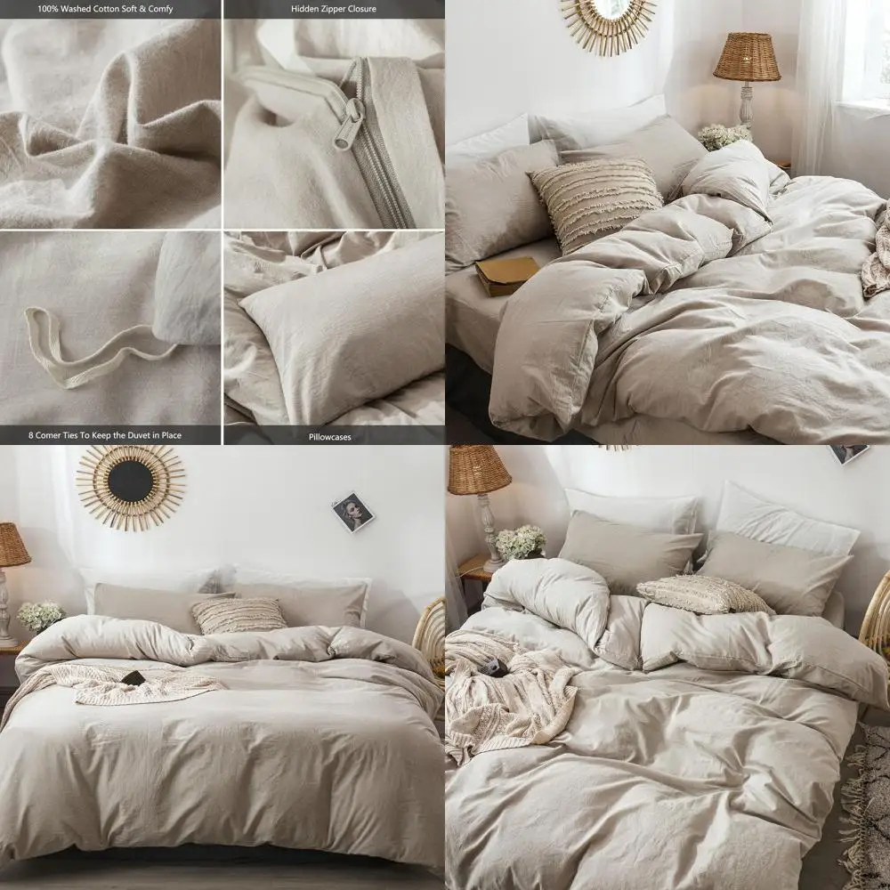 

Bedding Duvet Cover Set 100% Washed Cotton Linen Like Textured Breathable Durable Soft Comfy (Heathered Tannish Linen Grey, Quee