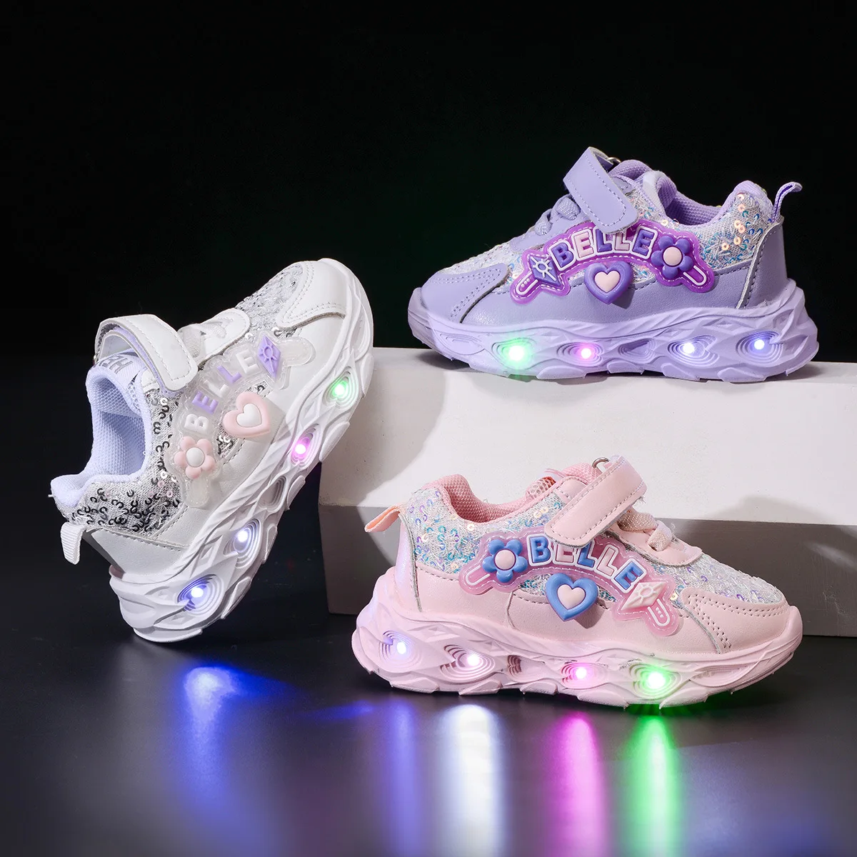 Kids'Casual Shoes Led Light Solid Color PU Leather Autumn Fashion Shoes For Children Breathable Anti-slip Purple Pink Size 21-30