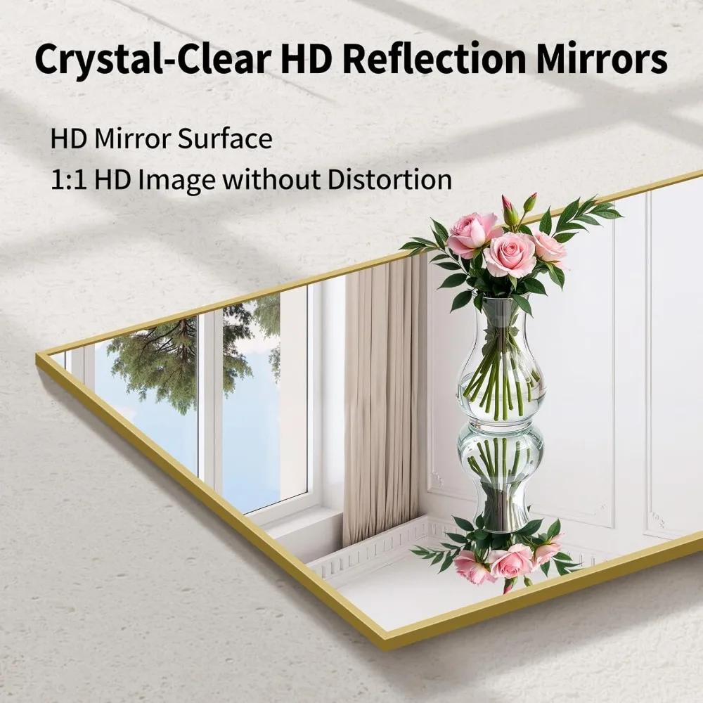 Espelho de chão dourado de comprimento total com suporte, espelho elegante de corpo inteiro para casa, espelho de parede grande