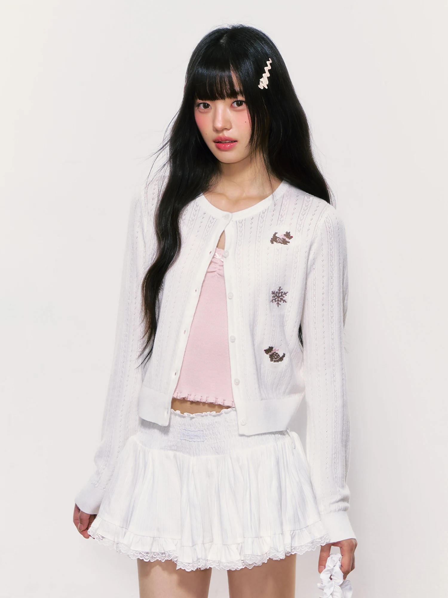 

Wedhub Embroidered Knitted Open Cardigan Hollow out Outerwear Top for Women Early Autumn Faion Korean Sle Dog Pattern