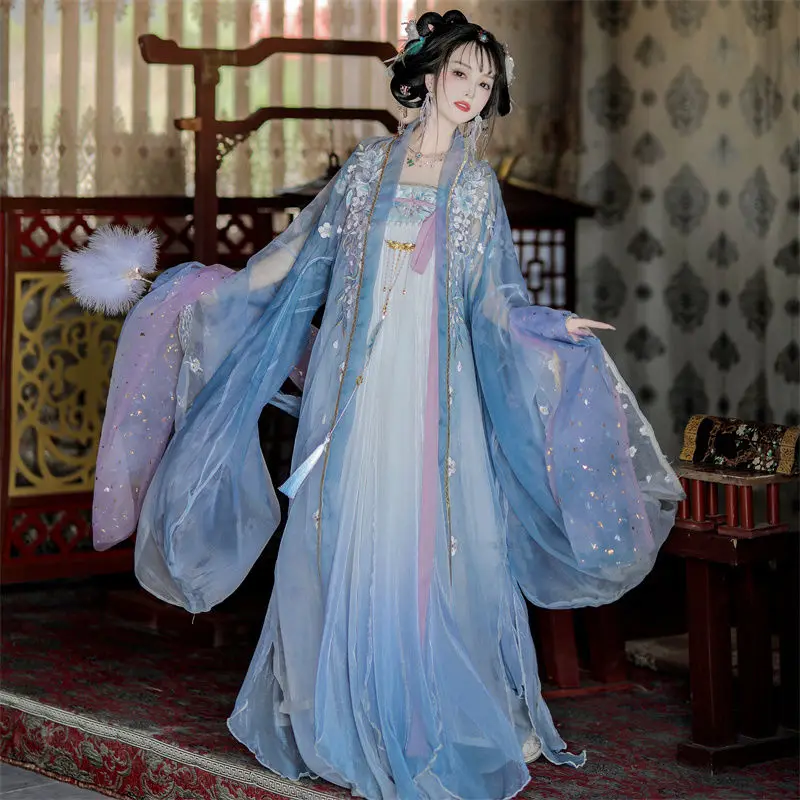 

Chinese Style Traditional Dress Hanfu Dress Set Women Tang Dynasty Flower Embroidery Wedding Dress Vintage Elegant princess Robe