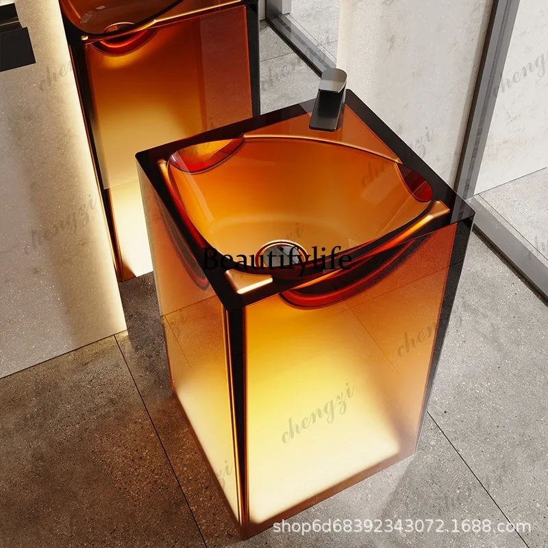 Transparent resin colorful column basin, floor-standing artificial stone art washbasin, crystal face washbasin
