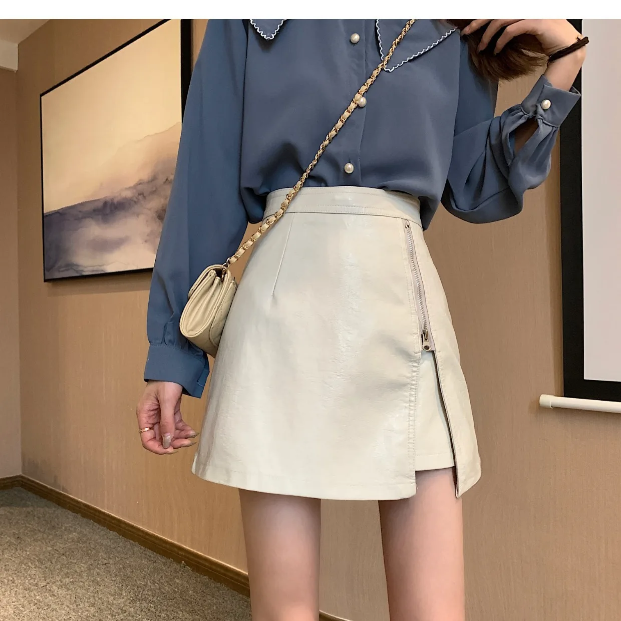Skirt Women's New Fashion Zipper PU Leather Short Skirt High Waist A-word Culottes