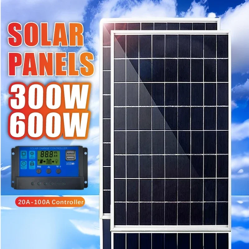 300W/600W Solar Panel Kits 12V  Solar Panel 100A Controller Power Portable Solar Battery Charger  for Outdoor Camping Mobile RV