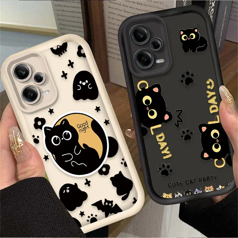 Case for Xiaomi Redmi Note 13 12 11 Pro Plus 4G 5G 12S 11S 10S 10 9 9S Redmi 14C 13C 12C A3 12 Cartoon Lovely Black Cat Silicone