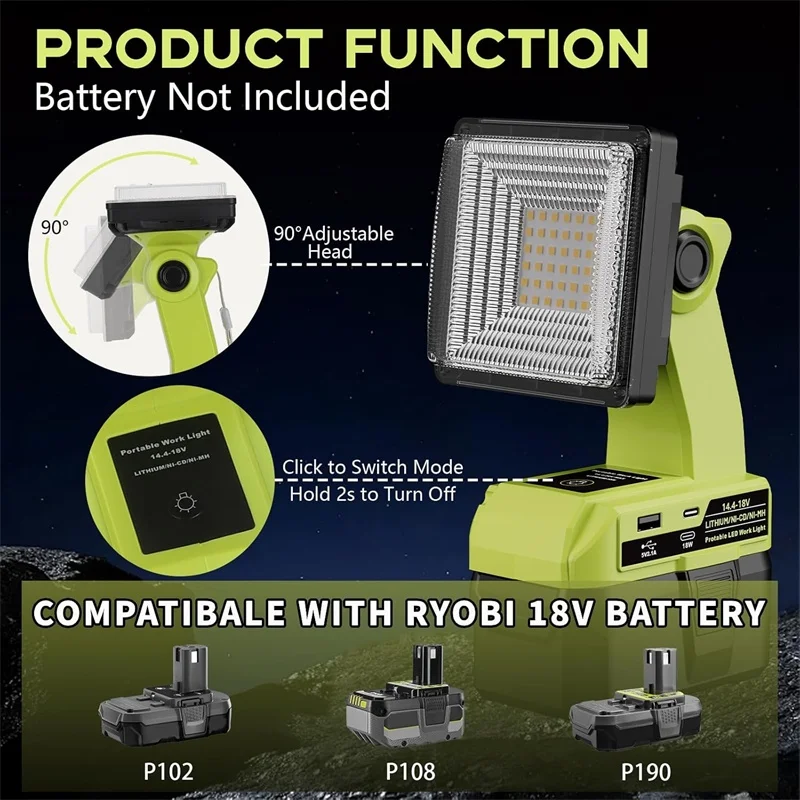 1500LM LED ضوء العمل ل Ryobi 18 فولت واحد + بطارية 25 واط كشاف ضوء مع منافذ USB و Type-C اللاسلكي مصباح ليد إضاءة الطوارئ