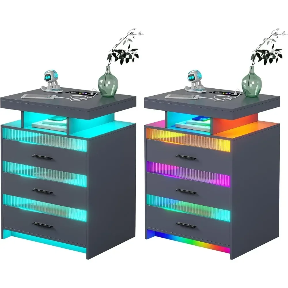 โต๊ะข้างเตียงชุด 2 ชิ้นพร้อม USB/Type-C/แท่นชาร์จไร้สาย ขาตั้งกลางคืนอัจฉริยะพร้อมลิ้นชัก 3 ลิ้นชัก LED โต๊ะข้างเตียง