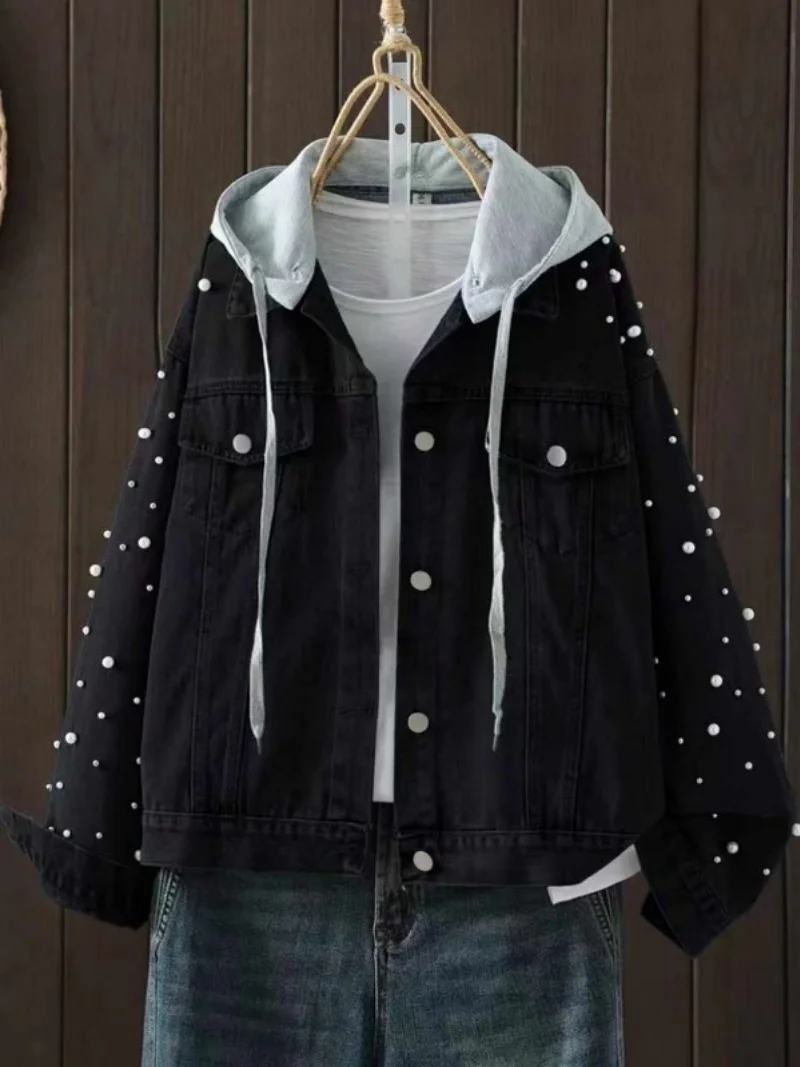 

Универсальная короткая джинсовая куртка большого размера с капюшоном, повседневный свободный топ с бусинами, осень/зима 2021, джинсовое пальто Mujer Chaqueta W917