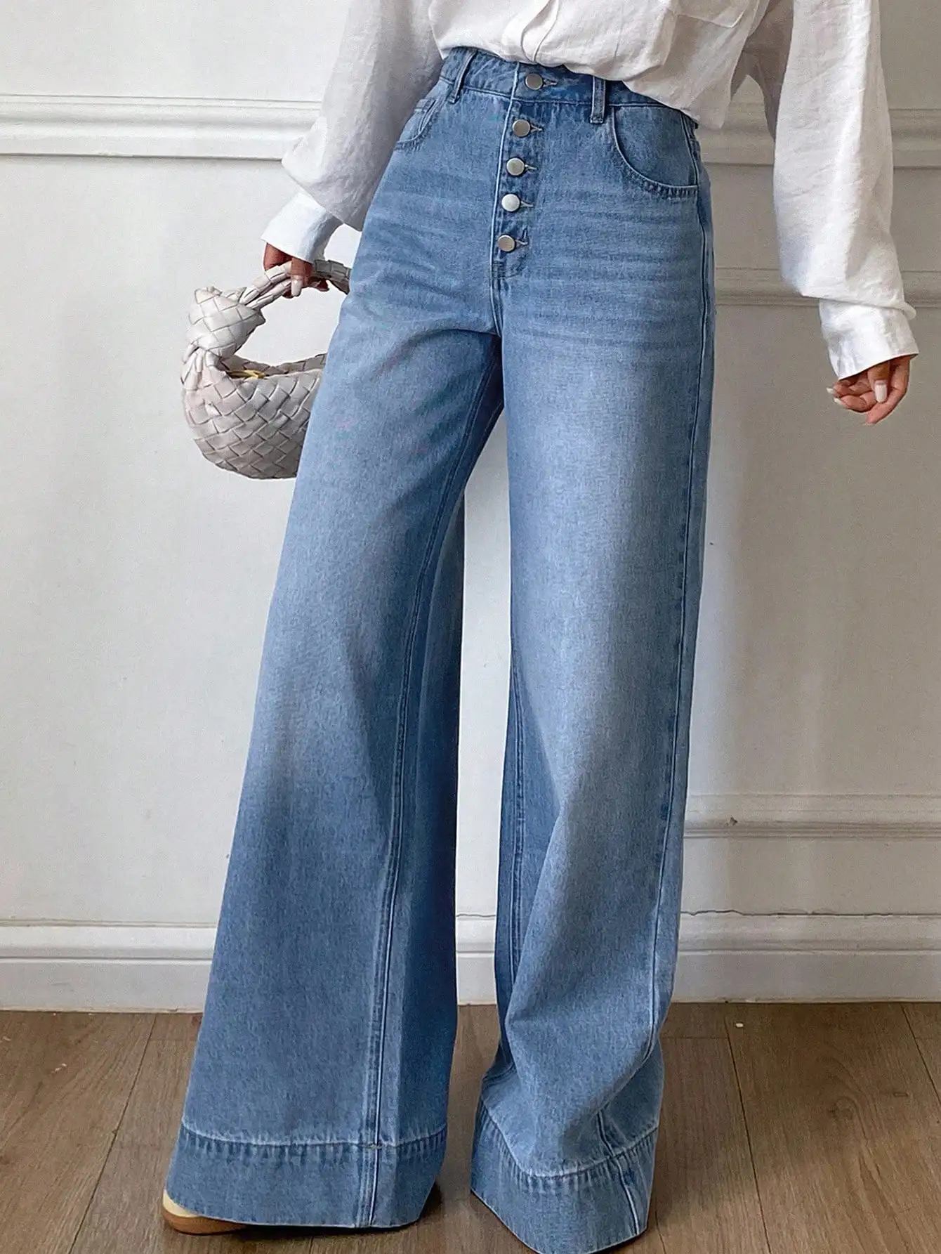 

Джинсы с высокой талией и широкими штанинами, с пуговицами спереди, повседневный городской стиль для женщин