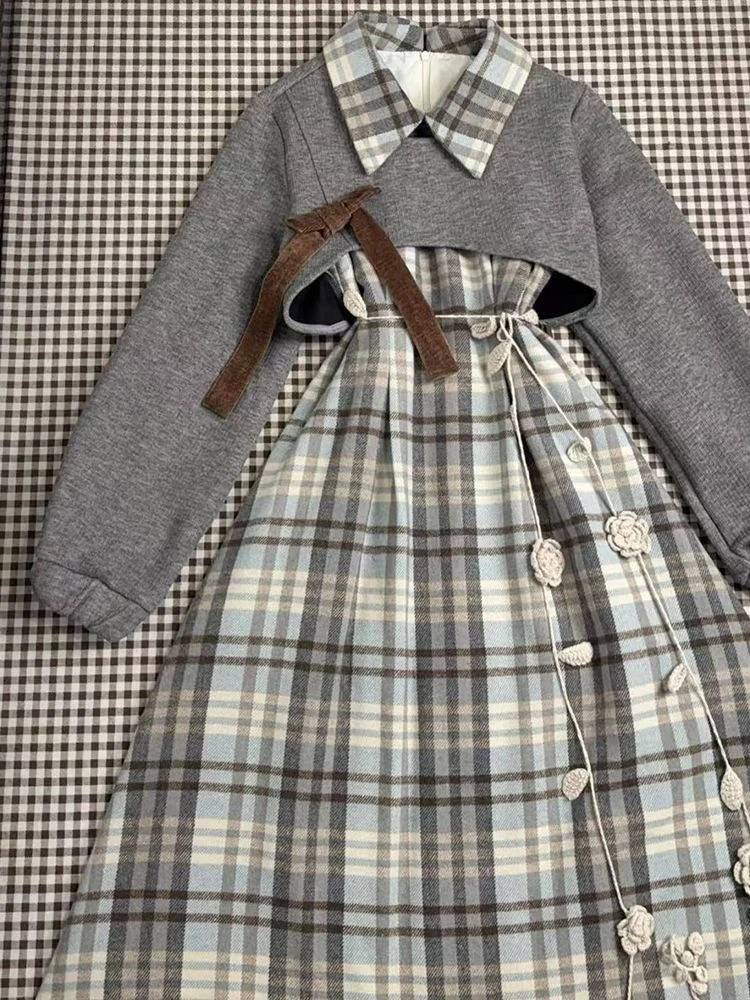 French Vintage Elegant 2 Piece Set Women Y2k Plaid Design Dress + Long Sleeve Tops Harajuku Casual Retro Korean Popular Clothes image 3