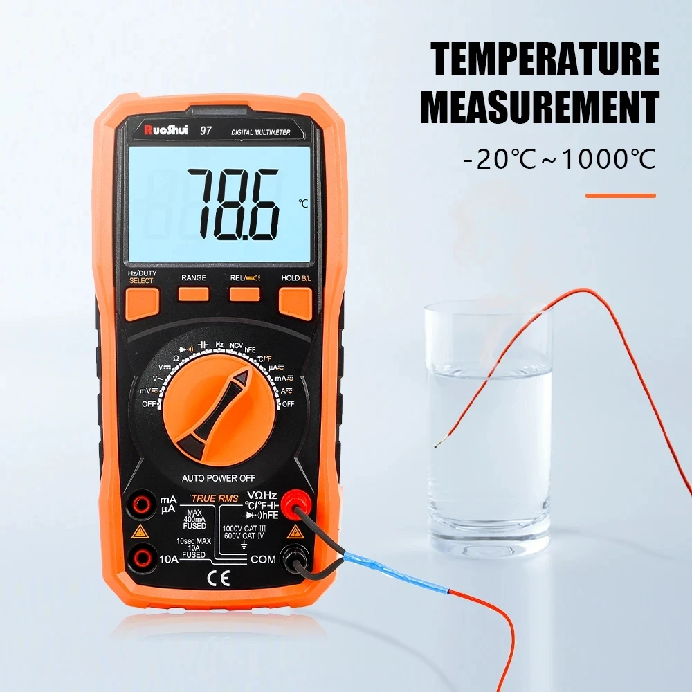 RuoShui 97 MULTIMETER Auto Range Professional Intelligent Data Hold OHM NCV Tester Ac Voltage Meter Ammeter Flashlight Tranistor