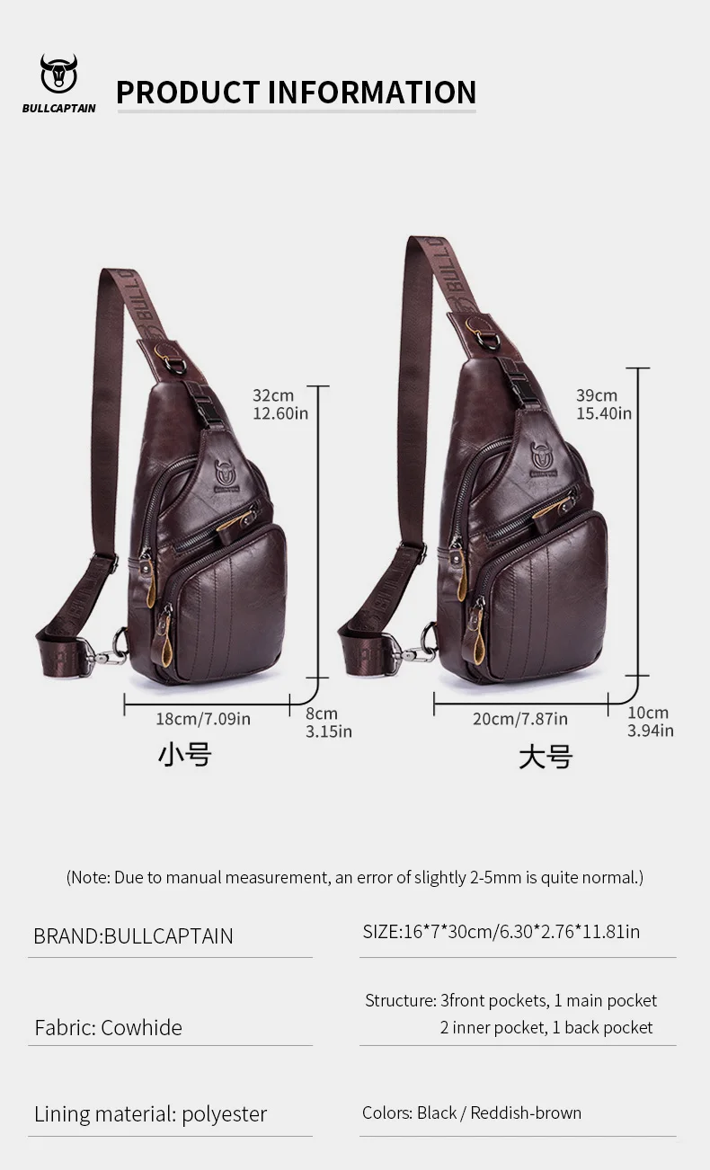 BULLCAPTAIN Tasche Echtes Leder Brusttasche Herrenmode Stil Casual Straddle Bag Business Große Kapazität Leder Herrengepäck – Detail 7