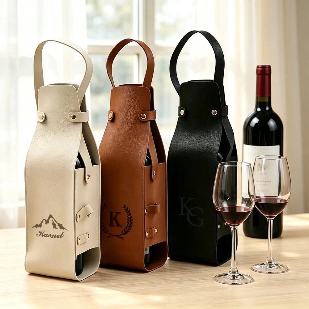 Personalized Engraved Bottle Gift Bag,Custom Nam& Date PU Leather Carrier Tote,Reusable,Wine Lover,Suitable for Parties,Business