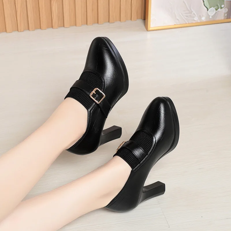 Fashion Comfortable Deep Mouth Soft Leather Shoes Women Pumps 2024 Spring Med Block Heels Shoes For Office Mom Model Daily