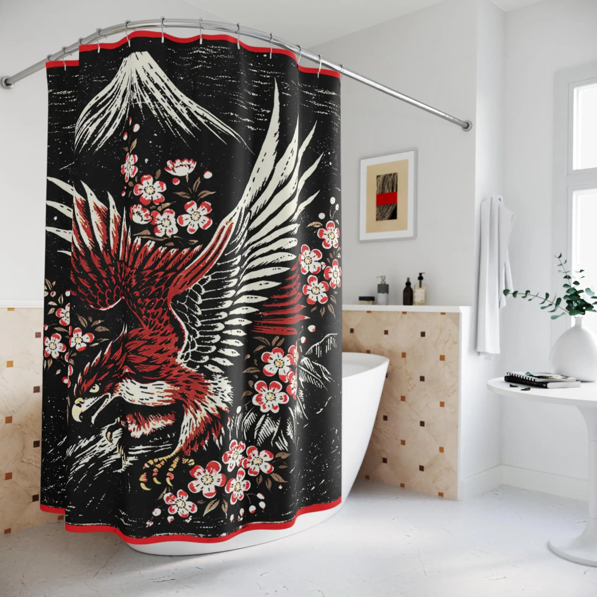 Vibrant Japanese Phoenix Crane Art Shower Curtain Bathroom Decor Tropical Nature Print