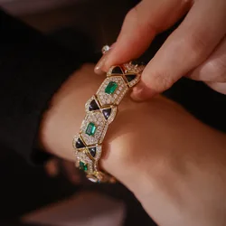 Foydjew French Style Modern Noble Emerald Diamond Black Enamel Bracelets Vintage Artdeco Jewelry Bracelet 20cm Chain For Women