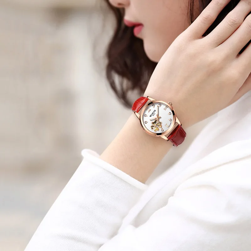 Women Automatic Mechanical Watches Diamond Four-leaf Clover WristWatches Ladies Leather Pink Watch Waterproof Senhoras Assistir