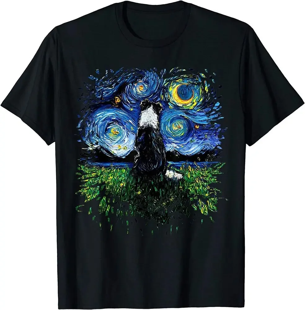 Border Collie Back Starry Night Impressionist Dog Art T-Shirt  Tees High Quality 100%Cotton Short Sleeve