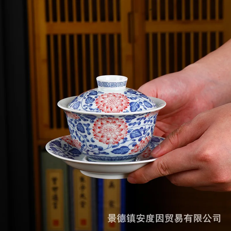 Jingdezhen Blue and White Glazed Red Tureen High Clay Gaiwan Tea Brewing Bowl Ceramic Household Antique