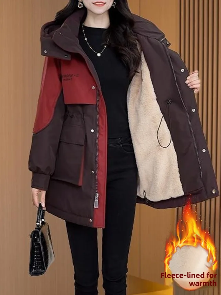 Winter 2022 Dames Thiened Fce Gevoerde Capuchon Jaet Kleur Blo Ontwerp Pendelen Sle Lange Jas Katoen Gewatteerde Bovenkleding