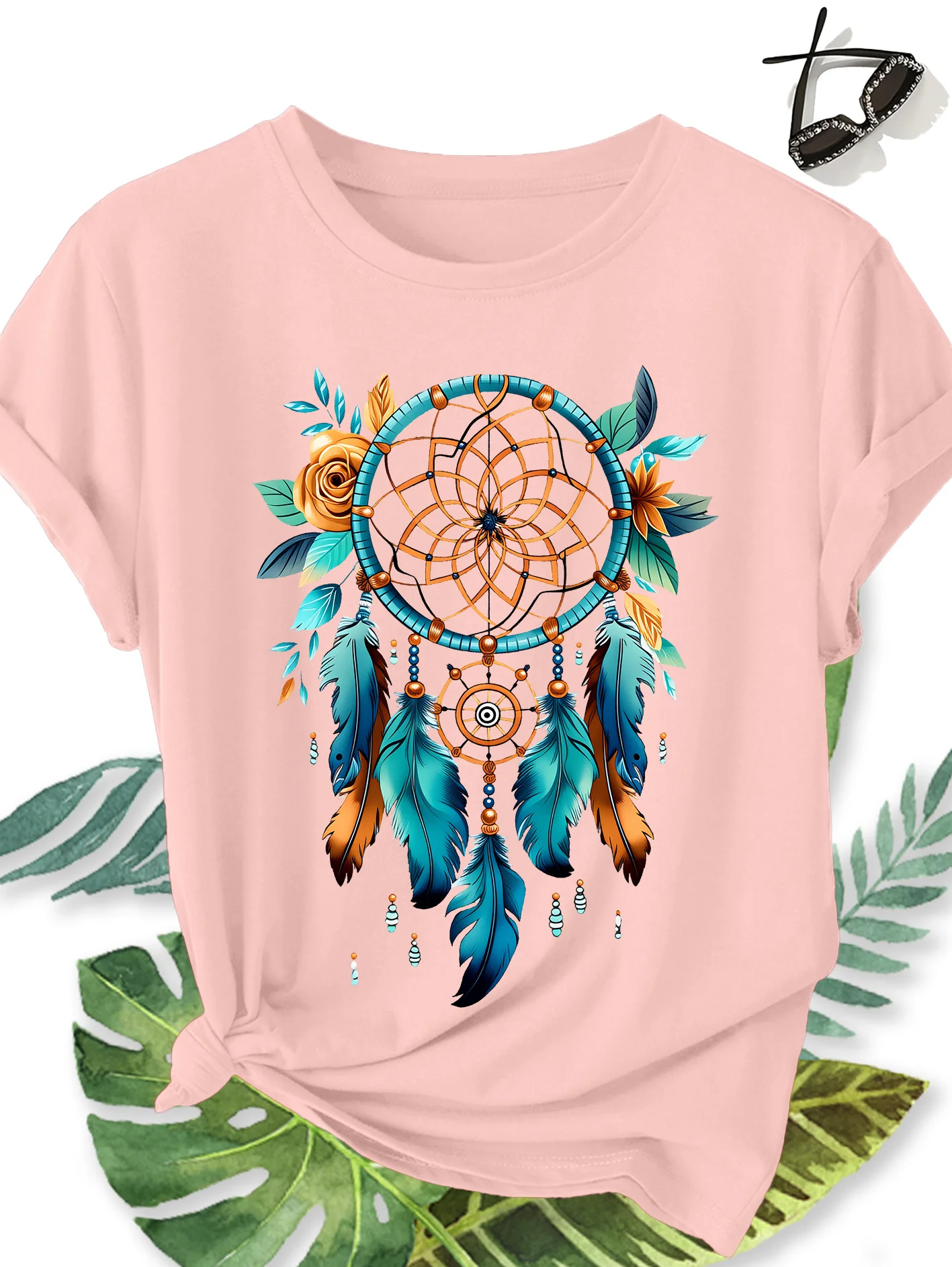 Bohemian Dreamcatcher Printed Pattern Women's Elegant Style Round Neck Women's Comfortable New Collection T-shirt Gift