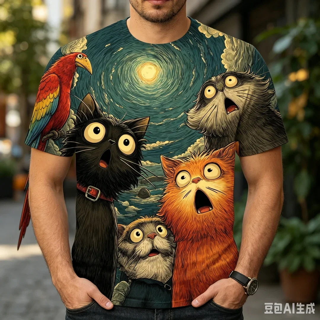 Modisches neues Herren-T-Shirt mit Sternennacht-Überraschungskatzen-Print, O-Ausschnitt, Kurzarm, lässige Streetwear, vollflächig bedrucktes Oberteil
