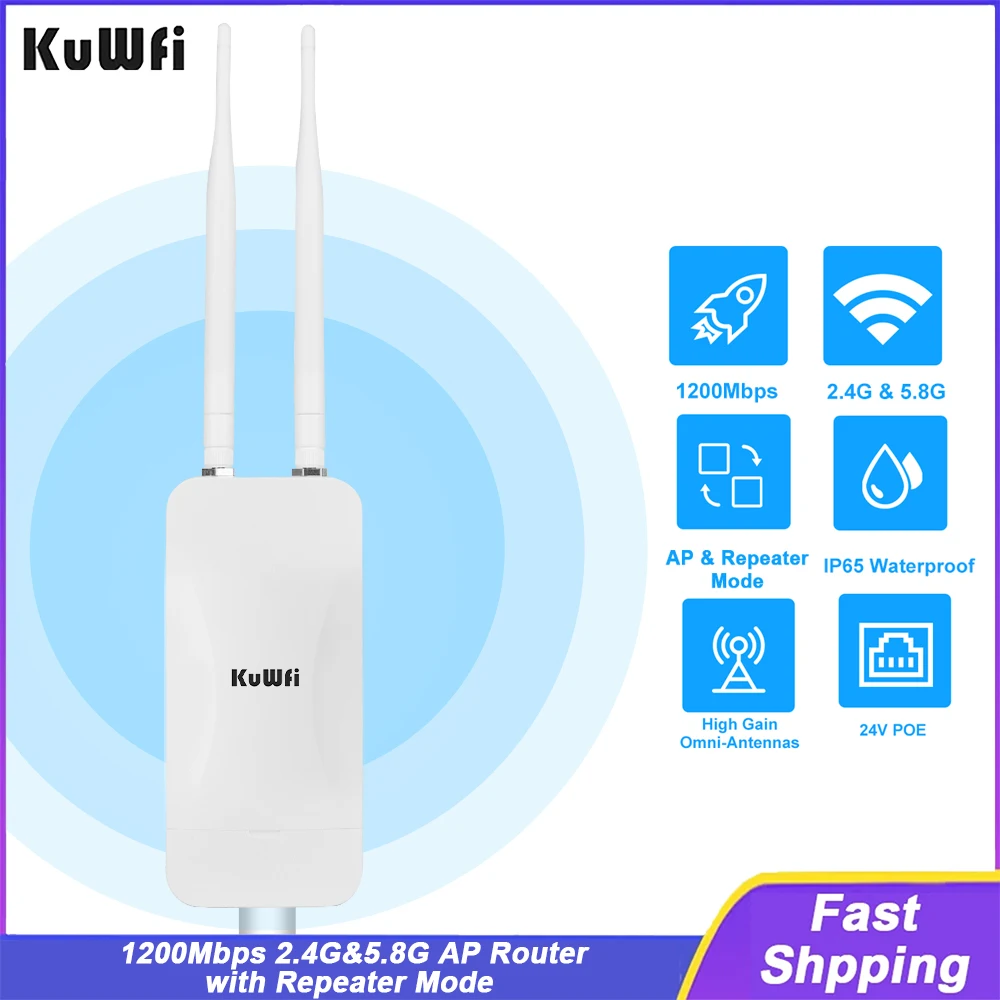 KuWFi 1200Mbps 2.4G 5.8G Outdoor Wireless WiFi Signal Extender Router Wi-Fi Amplifier WAN LAN Port Support AP Repeater 24V POE