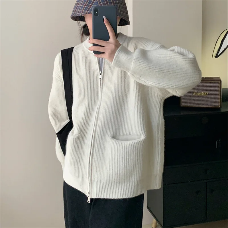 

8 Colors Women Knitted Sweater Two Zippers Korean Autumn Loose Cardigan Knitwear Stand Collar Long Sleeves Coat With Pocket