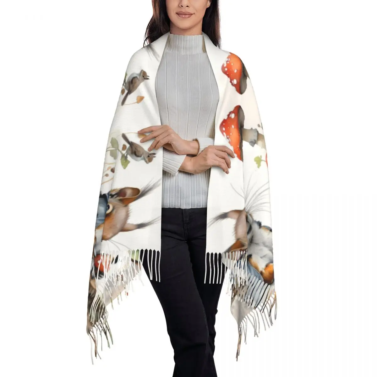 Eekhoorn plukken paddestoelen sjaal wrap voor vrouwen lange winter warme kwast sjaal unisex sjaals