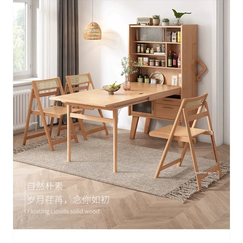 

Solid wood rectangular dining table and side cabinet integrated folding dining table and chair combination