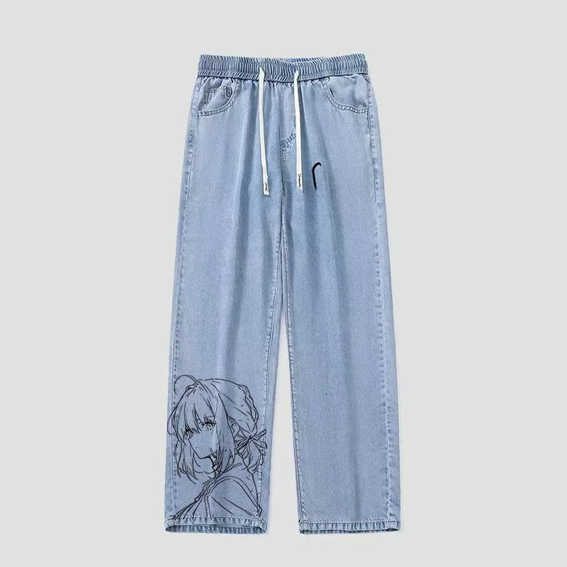 

Anime Hand-dn Sketch Printed Straight Leg Jeans for Teens And Students Digital Printing Cotton Denim Spring Autumn Wear