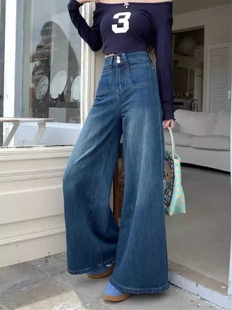 

American Style High Waist Bell Bottom Denim Jeans Women's Deep Blue Spring Autumn New Loose Wide Leg Pants Long Trousers