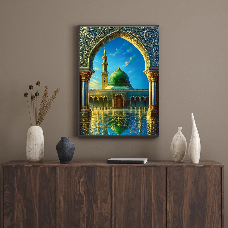 Kaaba Doorway View Art: Islamic Mecca Masjid Nabawi Jerusalem Painting Canvas Print Poster for Living Room Home Decor