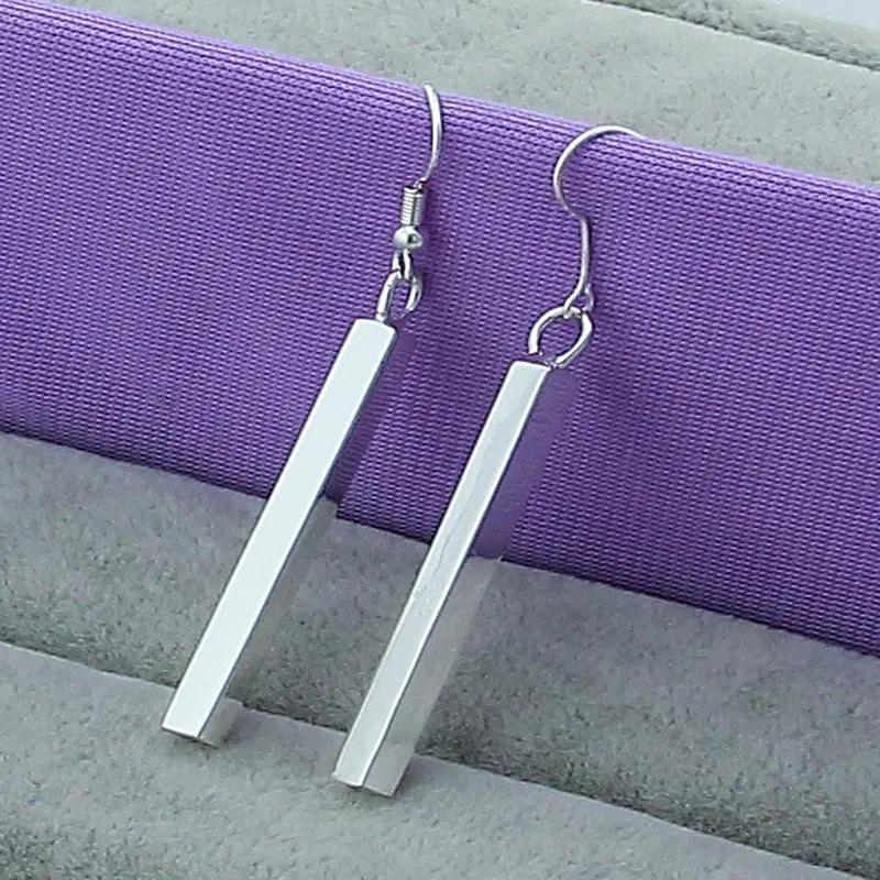 

925 Sterling Silver Square Pillar Drop Earrings Women Girl's/Lady's Wedding Engagement Party Jewelry