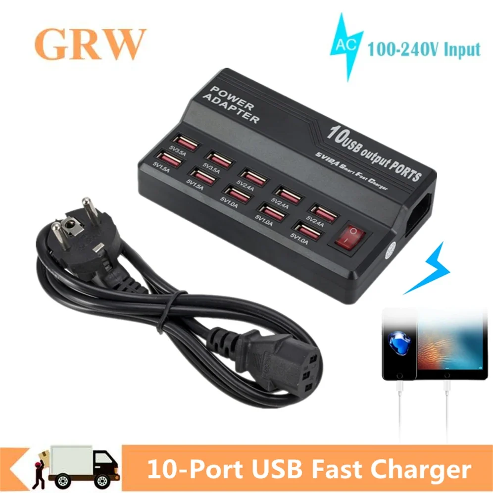 GRWIBEOU Multi 10 USB Power Fast Charge Station Port Charger For IPhone 14 13 12 11 Plus IPad LG Samsung Huawei Charger Socket