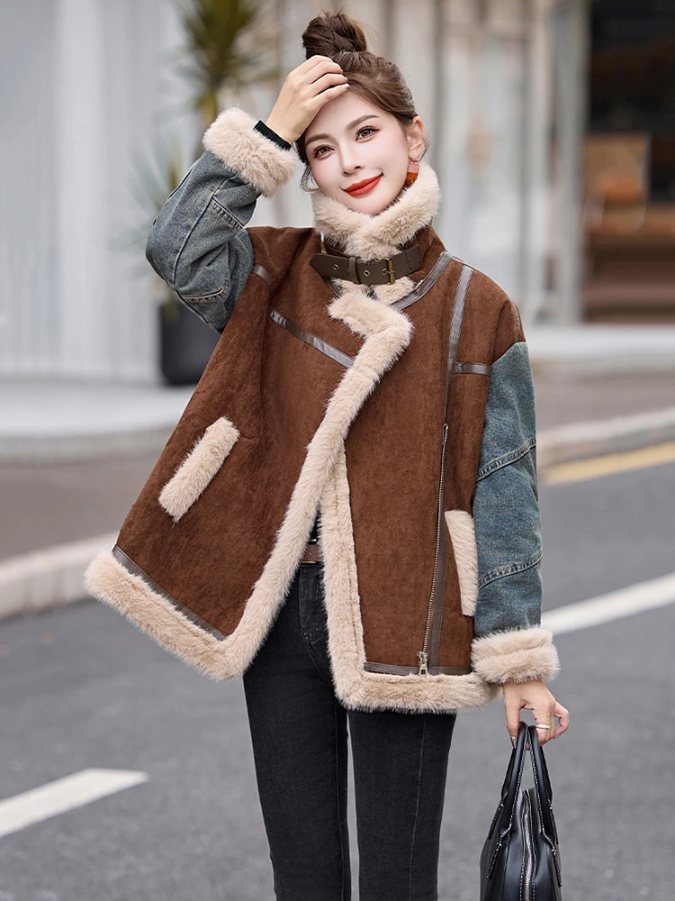 Winter Denim Splicing Big Lapel Warm Jackets Woman Single Breasted Long Sleeve Shearling Coat Lady Street Thicken Outerwear Coat