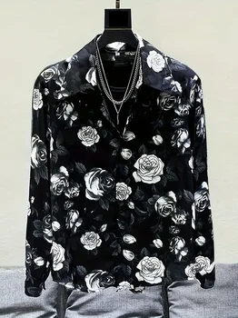 남성용 블랙 시리즈 3D 프린트 긴 소매 셔츠 세련되고 캐주얼 비즈니스 셔츠 남성용 오버 사이즈 통기성 옷깃 탑