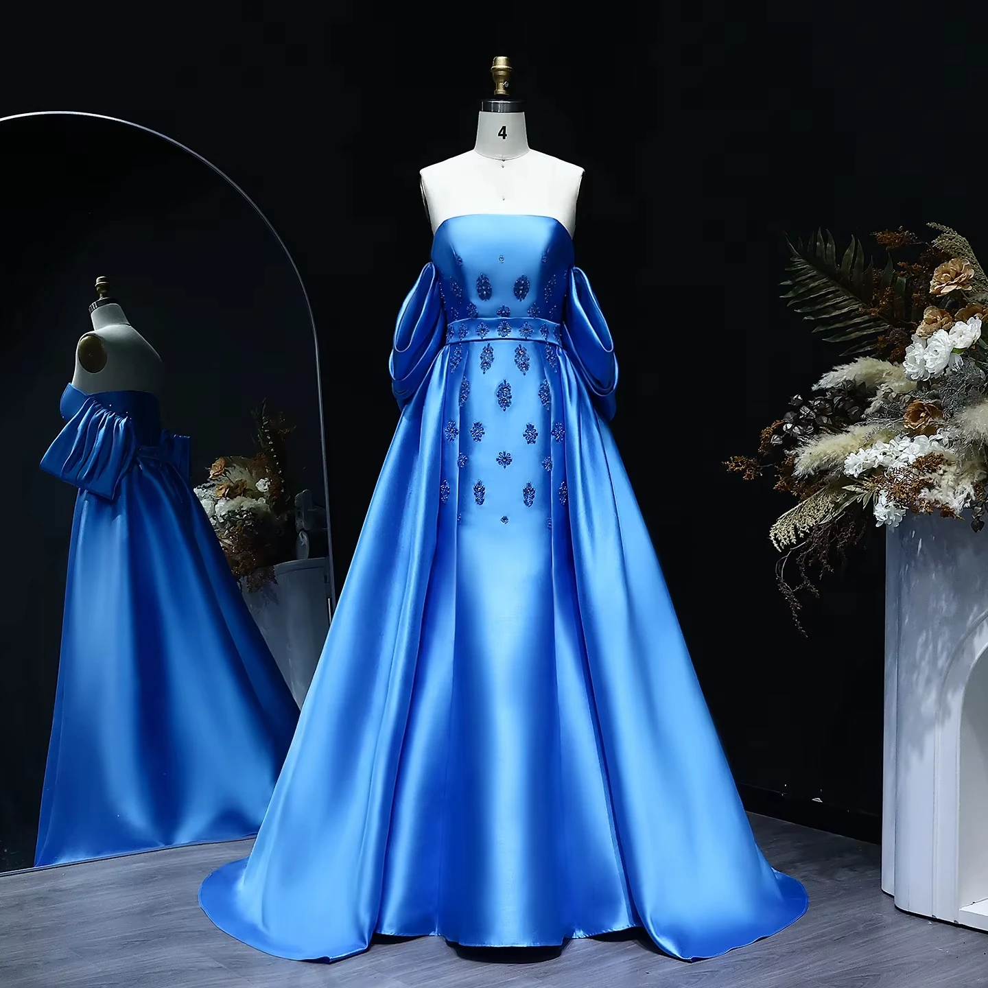 

Arabic Satin Blue Elegant Women Evening Dress With Detachable Overskirt Cape Sleeve Wedding Party Gowns Lsz255 Customized