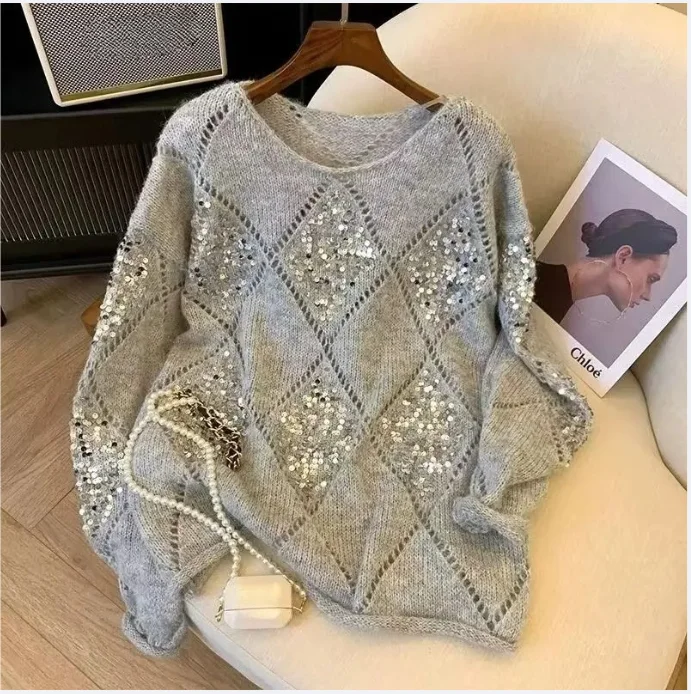 Woman Hollow Knitted Sweater Sequins Solid Glitter Knitting Blouse Long Sleeve Pullover Blouses Female Lady Beach Club Outfit