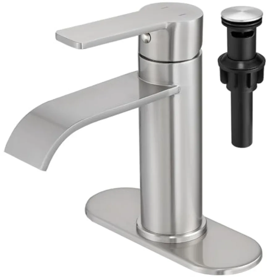 

Waterfall Bathroom Faucet, Single Handle 1 or 3 Hole Modern Sink Faucet with Deck Plate and Pop-Up Drain, Vanity Washbasin Tap
