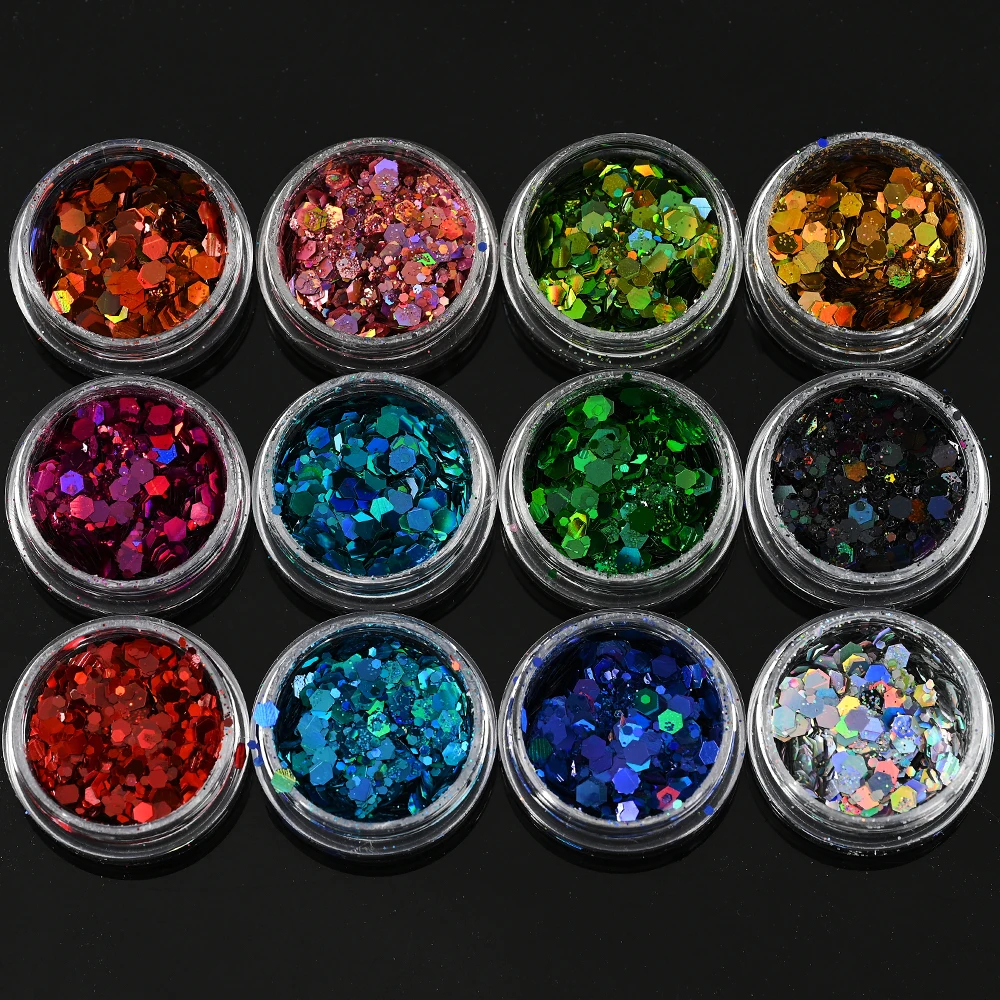 

12PC/set Iridescent Holographic Chunky Glitter Laser Gold/Silver Nail Glitter Flakes Chunky Resin Slices Nail Art Decoration ##